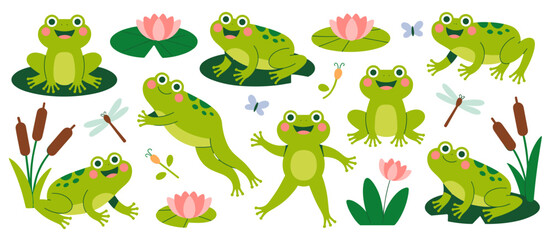 Cute cartoon frogs illustration, frog, pond, wildlife, amphibian, nature, animal, waterlily, cattails