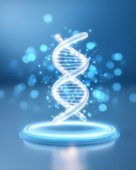 A glowing, futuristic DNA double helix hovers above a circular digital platform with blue light particles surrounding it.