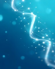 Abstract digital illustration of a glowing, interconnected DNA strand with light nodes and a blue gradient background.