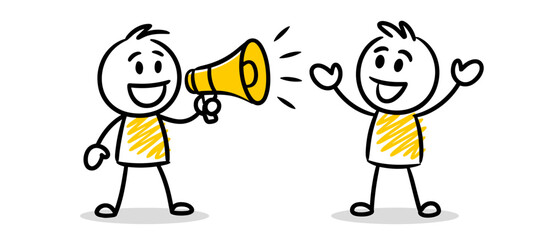 Cartoon figures with megaphone making announcement, promotion communication, white background