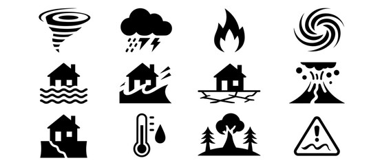 Natural disaster icons: Tornado, hurricane, flood, earthquake, volcano, extreme heat warning