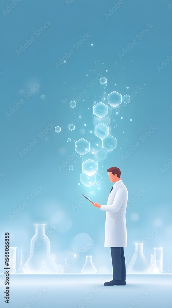 Poster a scientist in a lab coat studies data on a tablet with glowing hexagonal molecular structures float