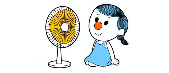 Girl near fan, cartoon illustration, cute, cool, summer, funny, orange nose, happy, humor, child