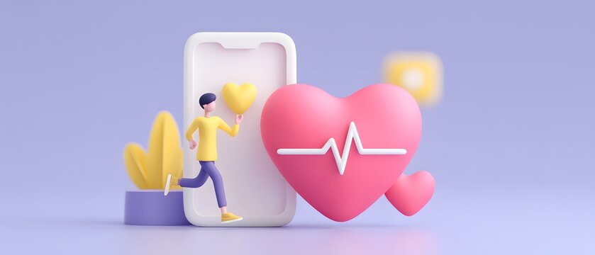 A 3D illustration of a person running out of a smartphone holding a heart balloon, with large heart icons featuring a heartbeat line in the foreground. - Powered by Adobe