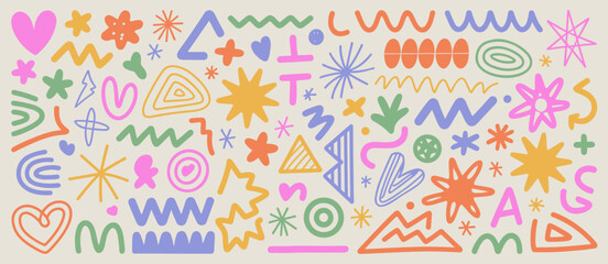 Abstract doodles, geometric shapes, colorful pattern, hand drawn elements, backdrop, vector art