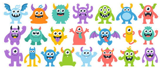 Cartoon monsters vector illustration set, cute funny colorful characters design