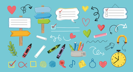 Education doodles, school icons, hand drawn elements, vector art, sketch illustration, stationery, learning