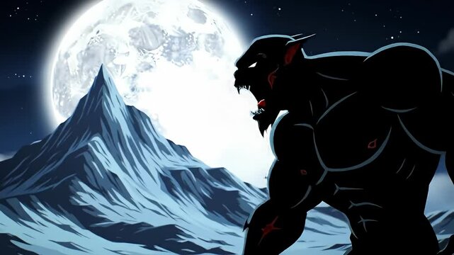 Cartoon scene with a hulking, silhouetted monster and snowy mountains beneath a full moon