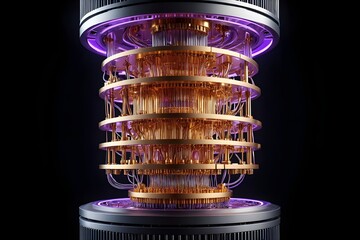 Advanced quantum computer processor with intricate golden circuitry and purple illumination