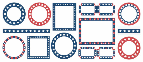 Patriotic star frames and borders in red, white and blue for holidays, vector
