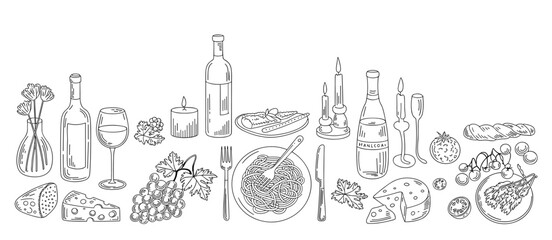 Italian food sketch: pasta, wine, cheese, grapes, rustic dining, line art dinner
