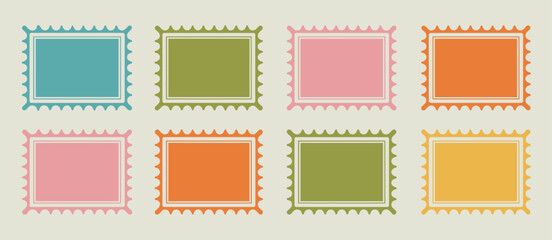 Retro stamp frames set, scalloped edges, blank postage borders, vintage design elements