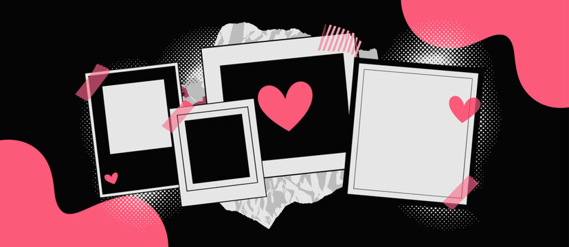 Collage of photo frames with paper, hearts and halftone pattern, love concept - Powered by Adobe