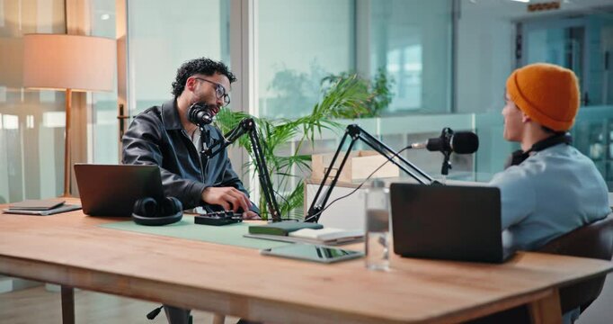 Handshake, podcast and men in studio, interview or laptop with communication, live streaming or talk. People, friends or radio host with pc, microphone or guest with content creation or shaking hands