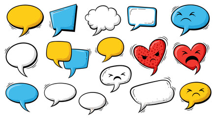 Comic bubbles, speech bubbles with expressions, sadness, anger, communication concept.