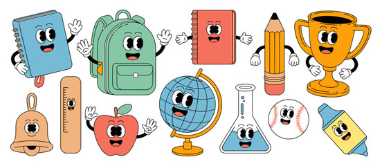 Back to school cartoon character education objects group with textbook, backpack,