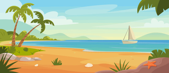 Cartoon beach landscape with palm trees, sailboat, sea and sky background.