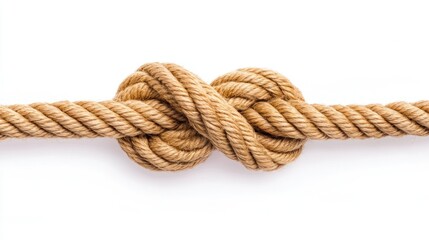 A tan rope tied in a double overhand knot, isolated on a white background
