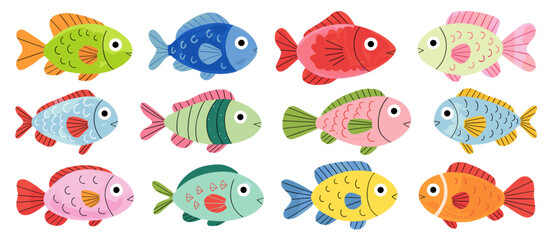 Naklejka premium Colorful fish pattern background with cute cartoon illustration, aquatic sea life design