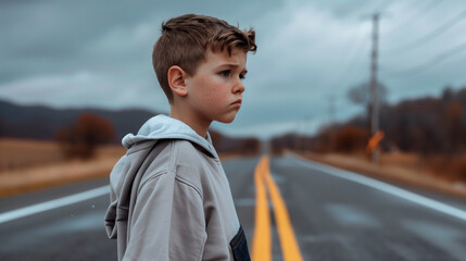 a boy standing on road