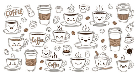 Coffee cup doodles, cute cartoon coffee set, hot drink, coffee beans, illustration