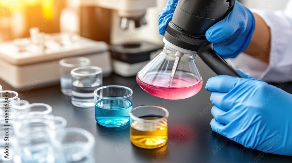 Poster scientist in lab coat conducts experiment with colorful liquids in beakers using a laboratory appara