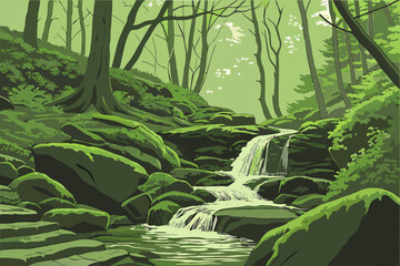 Forest Waterfall with Mossy Rocks &ndash; Vector