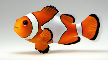 An orange and white clownfish, isolated on a white background, displays its vibrant stripes and fins