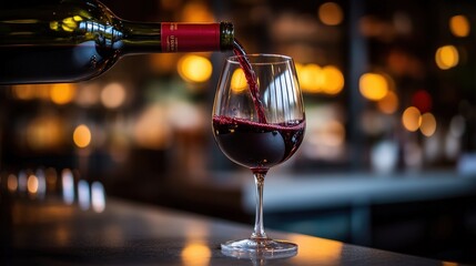 A bottle of red wine is being poured into a glass on a bar counter with a blurred warm bokeh...