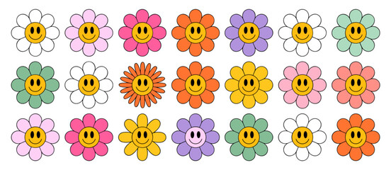 Groovy flowers, retro style daisy blooms with smiley face in vivid colors, 70s, happy, vintage