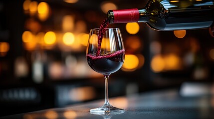 Red wine is being poured from a bottle into a glass in a warmly lit, cozy bar setting.