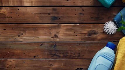 Cleaning products on a wooden floor. Suitable for topics related to cleaning and organizing your home space.
