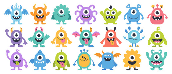 Collection of colorful cartoon monsters with one eye, happy vector illustrations