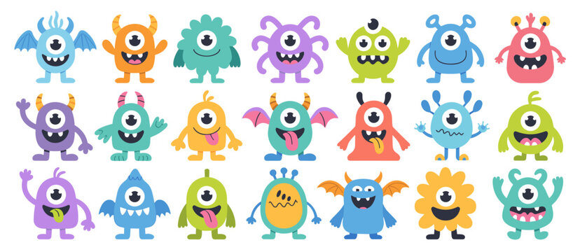 Collection of colorful cartoon monsters with one eye, happy vector illustrations