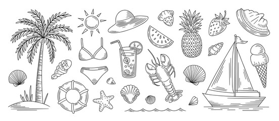 Summer vacation vector line art illustration with palm tree, sailboat, beach items