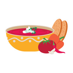 Fresh vegetable soup in a bowl. Colored icon for menu