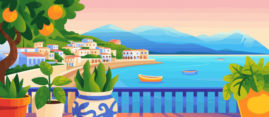 Mediterranean coast town, sea view, colorful houses, plants, balcony, bright, summer