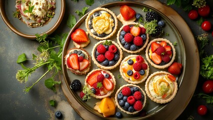 A platter of assorted fruit tarts topped with fresh berries, strawberries, and cream, surrounded by fresh herbs and a small bowl of cream or sauce.