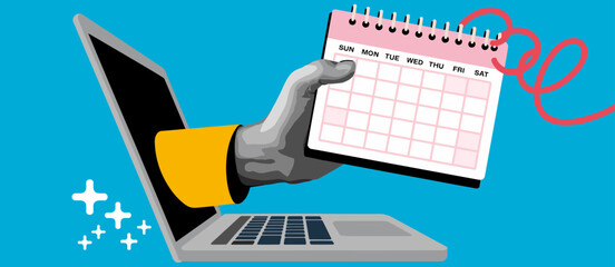Appointment scheduling online: hand holds calendar coming out of laptop for reminders