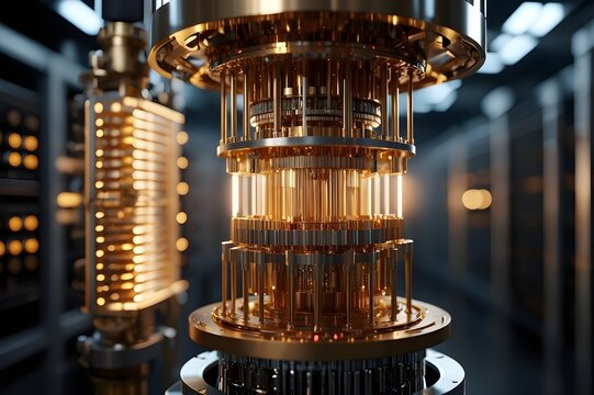 Intricate golden quantum computer chip with glowing lights and complex machinery