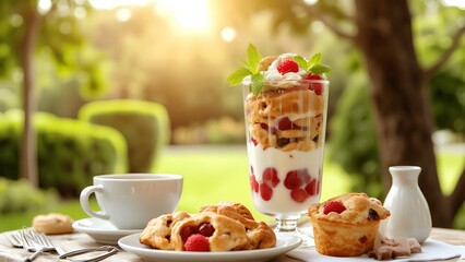 A delicious breakfast spread featuring raspberry scones, a parfait, a cup of coffee, and cream set on a white table outdoors in sunlight.