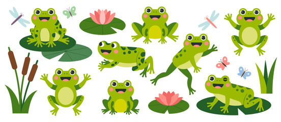 Cartoon frog set, cute amphibian collection with lily pads, vector illustration