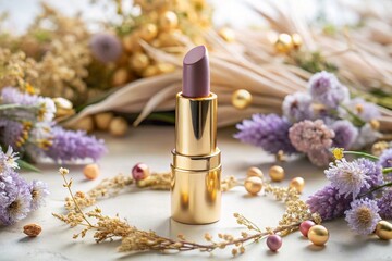 A gold lipstick tube with purple flowers sits on a white background