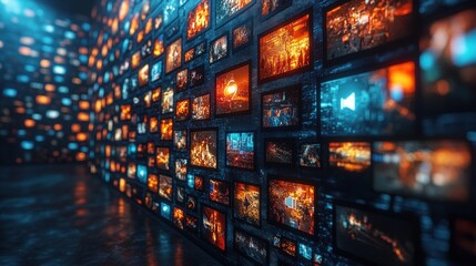 A wall of numerous small screens displaying various images and videos