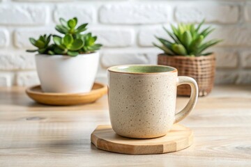 A beige mug with a green rim sits on a wooden coaster next to succulents