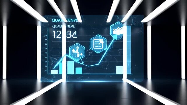 Sci-fi hallway with luminous chart display showing statistics/data