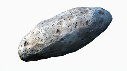 A large, oblong space rock, grey and pockmarked with craters, floats against a white background