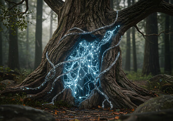 Mysterious forest tree trunk opening