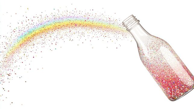A clear bottle pours iridescent glitter forming a mini rainbow arc against a white background
