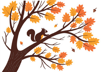 Obraz premium Squirrel in autumn tree – clean vector illustration of squirrel perched on fall foliage branch
